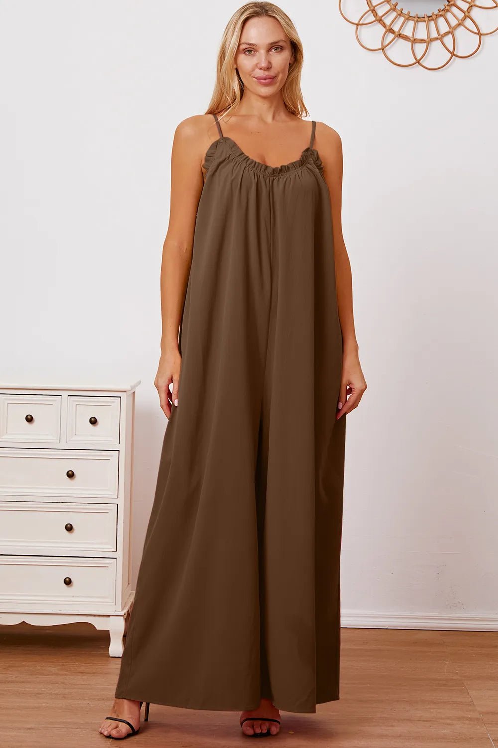 Double Take Full Size Ruffle Trim Tie Back Cami Jumpsuit with Pockets - Plush Fashion Hub