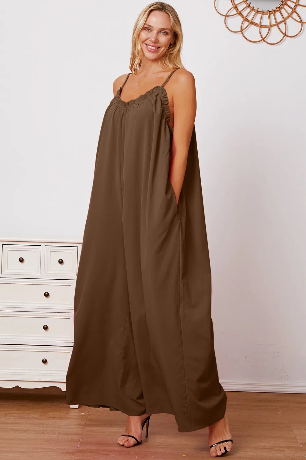 Double Take Full Size Ruffle Trim Tie Back Cami Jumpsuit with Pockets - Plush Fashion Hub
