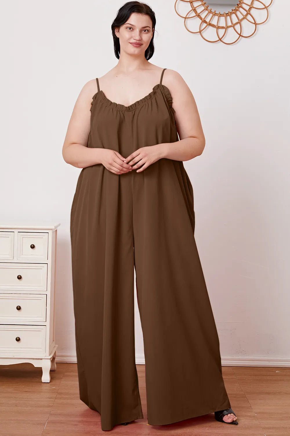 Double Take Full Size Ruffle Trim Tie Back Cami Jumpsuit with Pockets - Plush Fashion Hub
