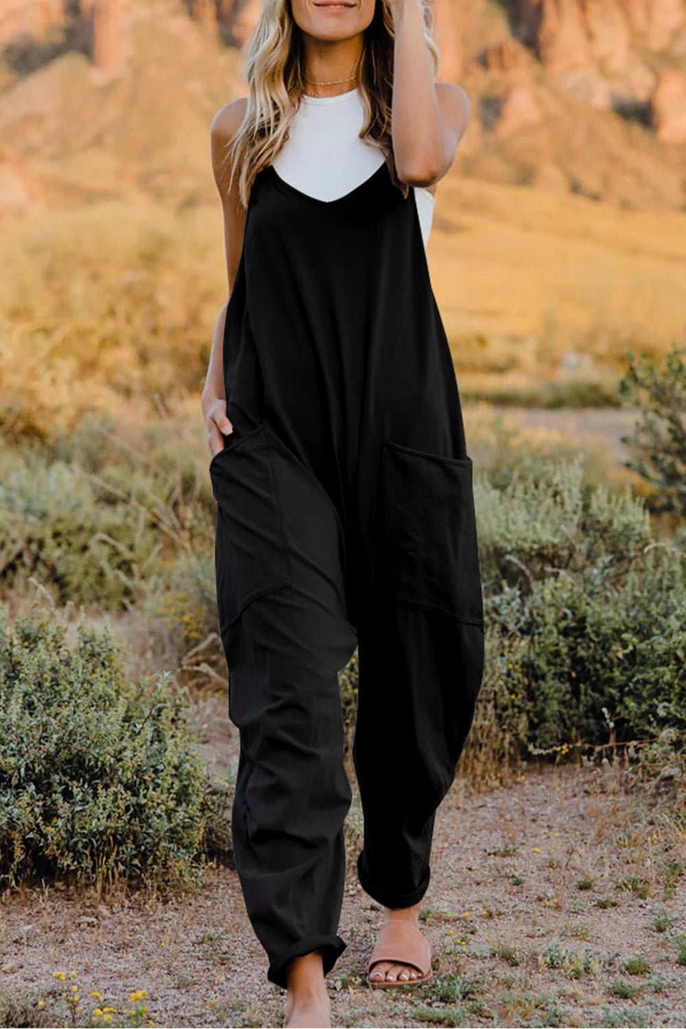 Double Take Full Size V - Neck Sleeveless Jumpsuit with Pockets - Plush Fashion Hub