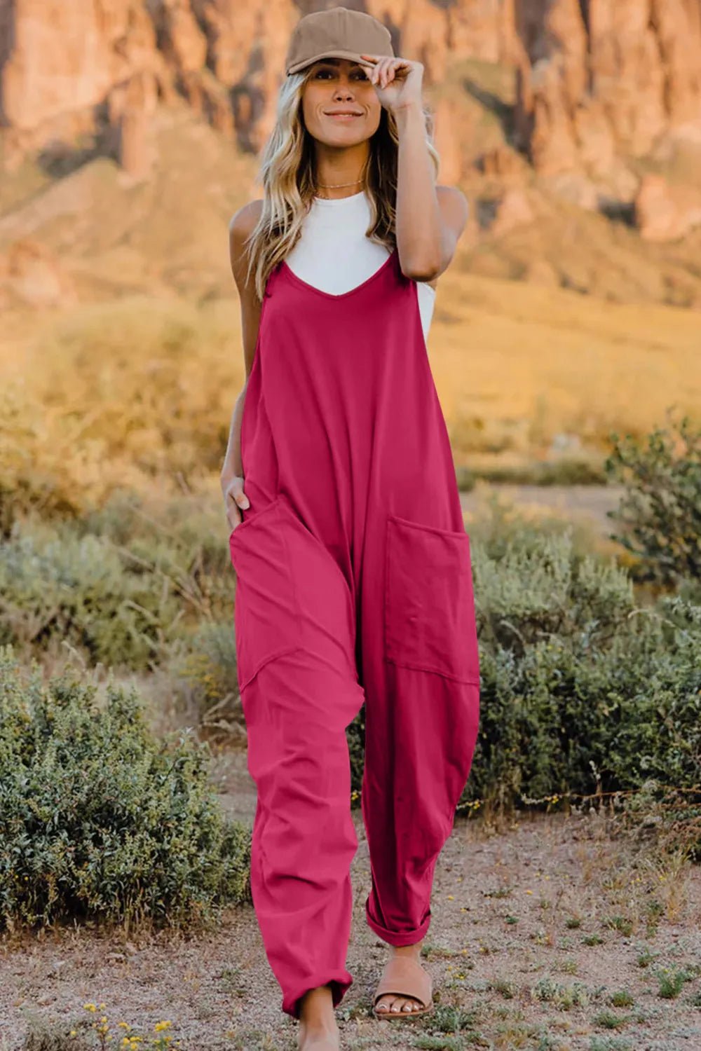 Double Take Full Size V - Neck Sleeveless Jumpsuit with Pockets - Plush Fashion Hub