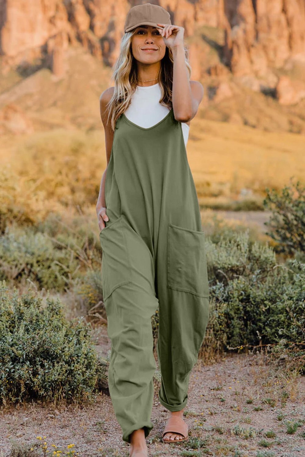 Double Take Full Size V - Neck Sleeveless Jumpsuit with Pockets - Plush Fashion Hub