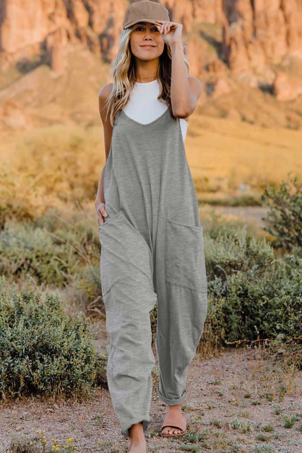 Double Take Full Size V - Neck Sleeveless Jumpsuit with Pockets - Plush Fashion Hub