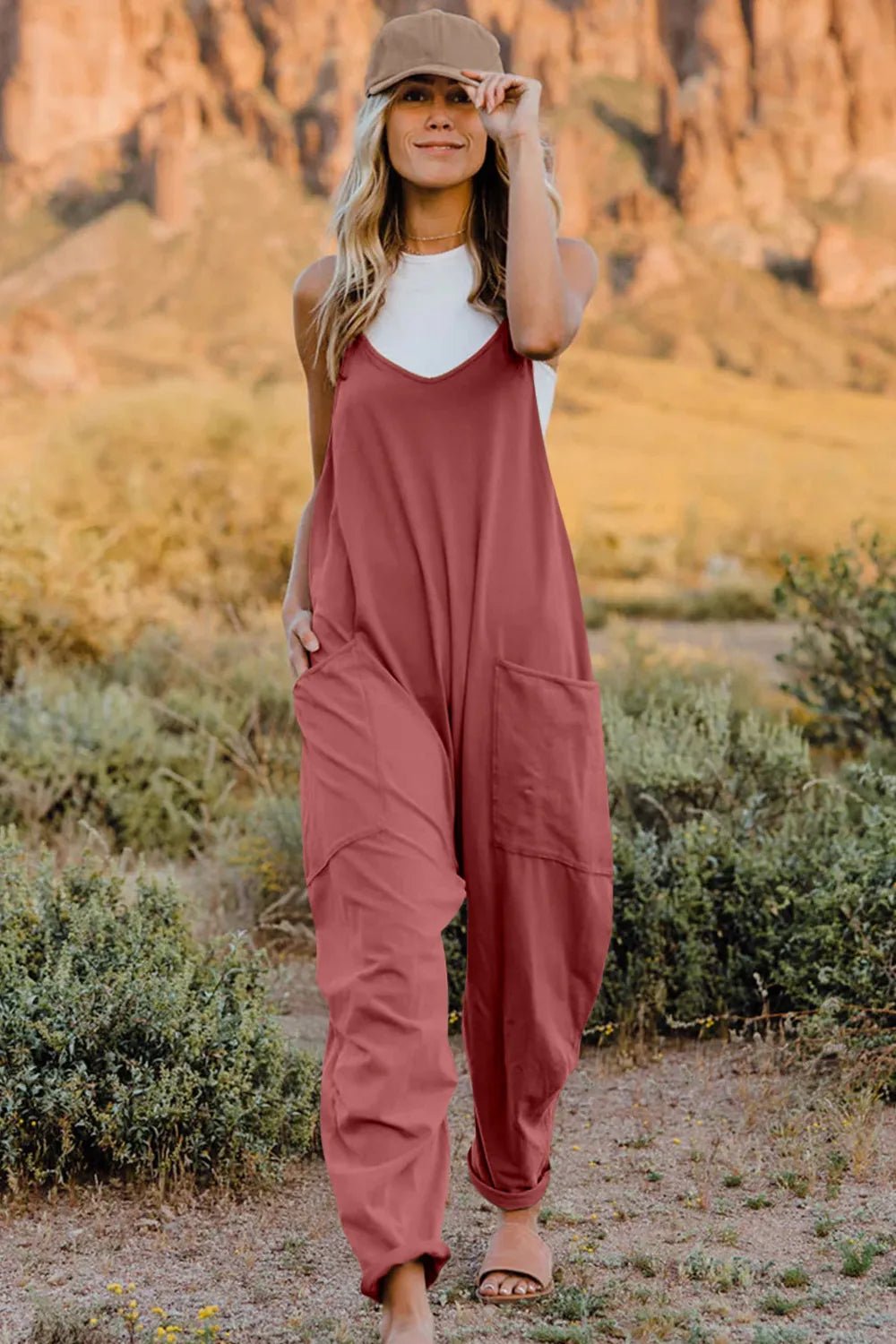Double Take Full Size V - Neck Sleeveless Jumpsuit with Pockets - Plush Fashion Hub