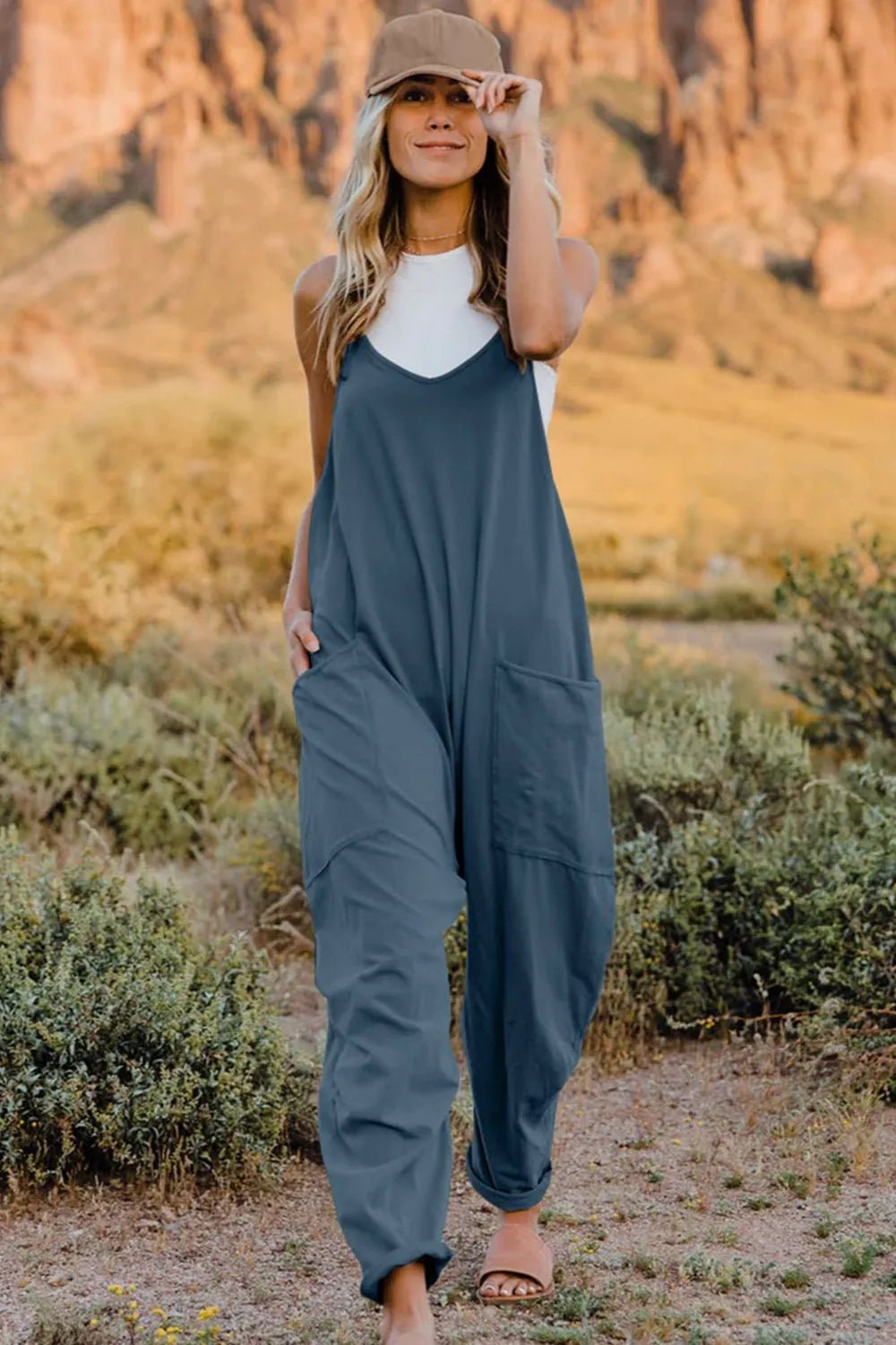 Double Take Full Size V - Neck Sleeveless Jumpsuit with Pockets - Plush Fashion Hub