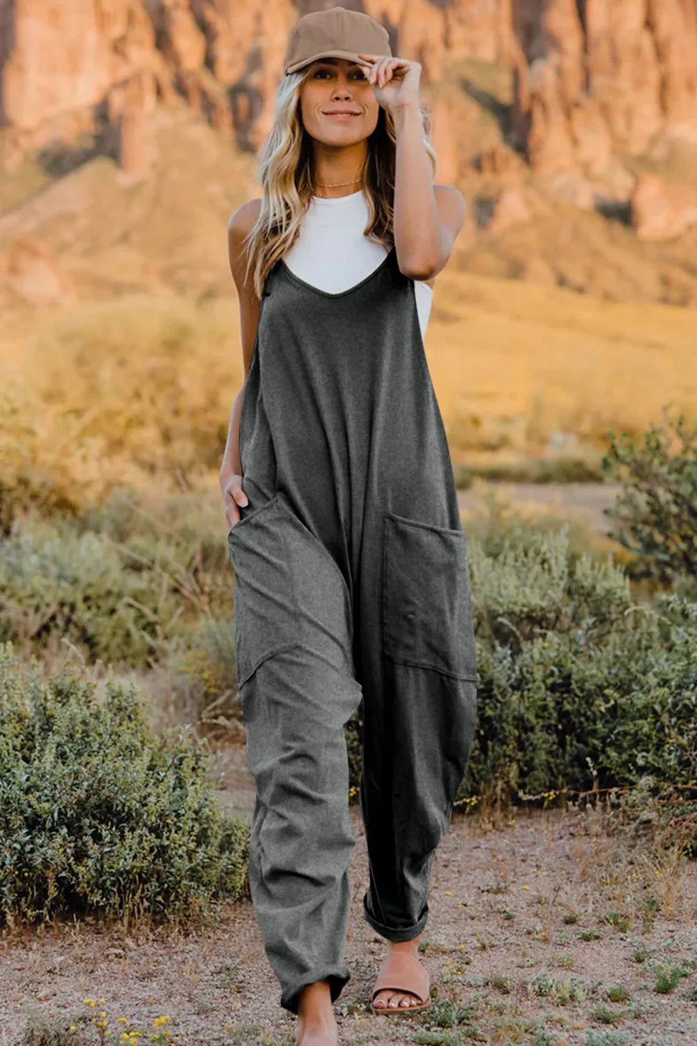 Double Take Full Size V - Neck Sleeveless Jumpsuit with Pockets - Plush Fashion Hub
