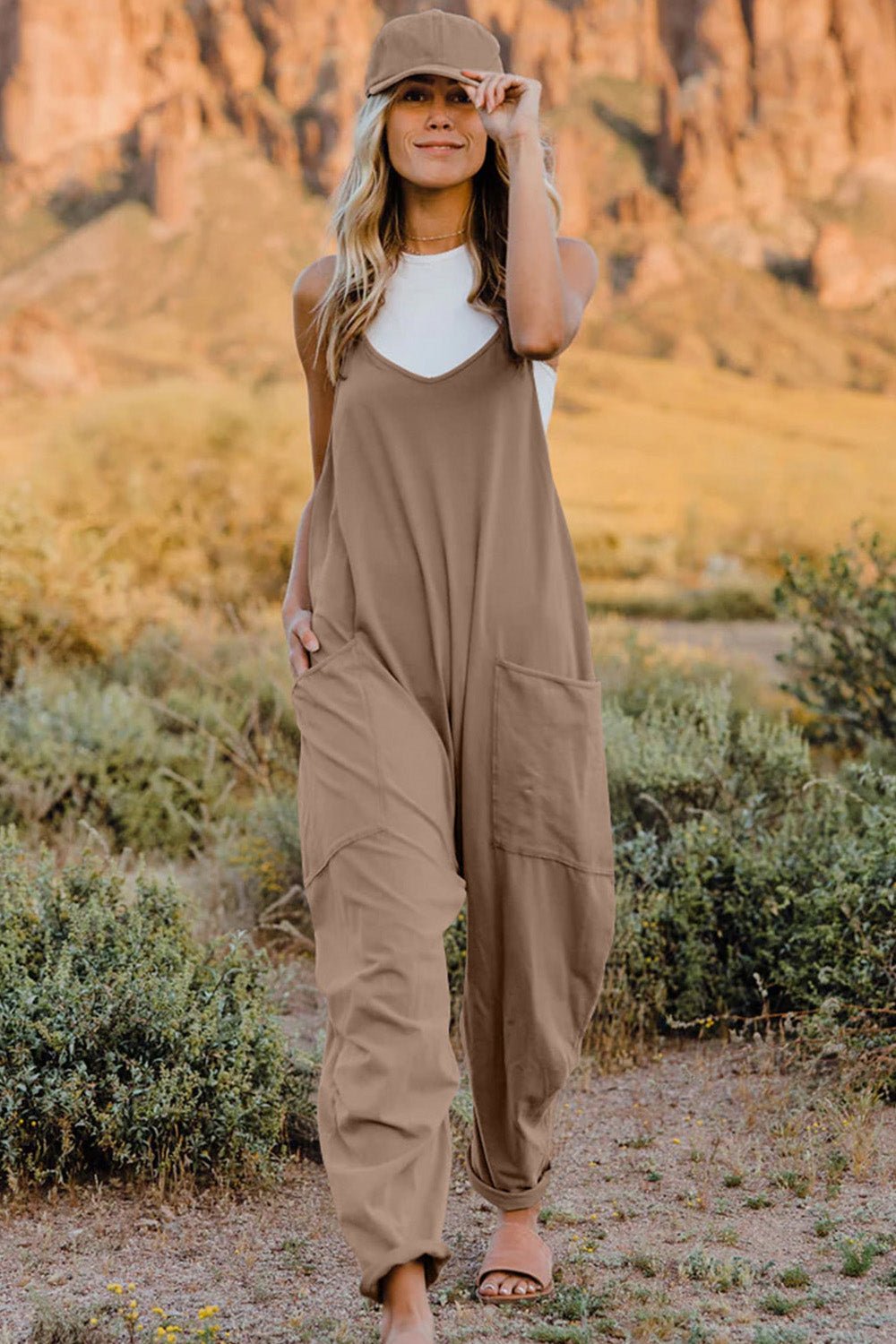 Double Take Full Size V - Neck Sleeveless Jumpsuit with Pockets - Plush Fashion Hub