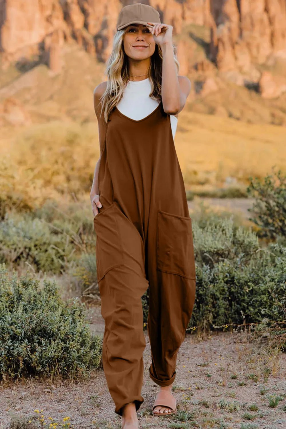 Double Take Full Size V - Neck Sleeveless Jumpsuit with Pockets - Plush Fashion Hub