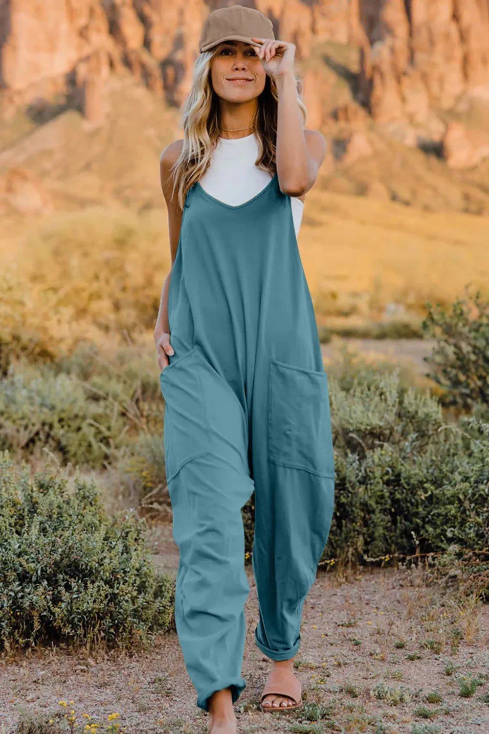 Double Take Full Size V - Neck Sleeveless Jumpsuit with Pockets - Plush Fashion Hub