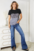 Double Take Leopard Print Color Block Short Sleeve T-Shirt - Plush Fashion Hub