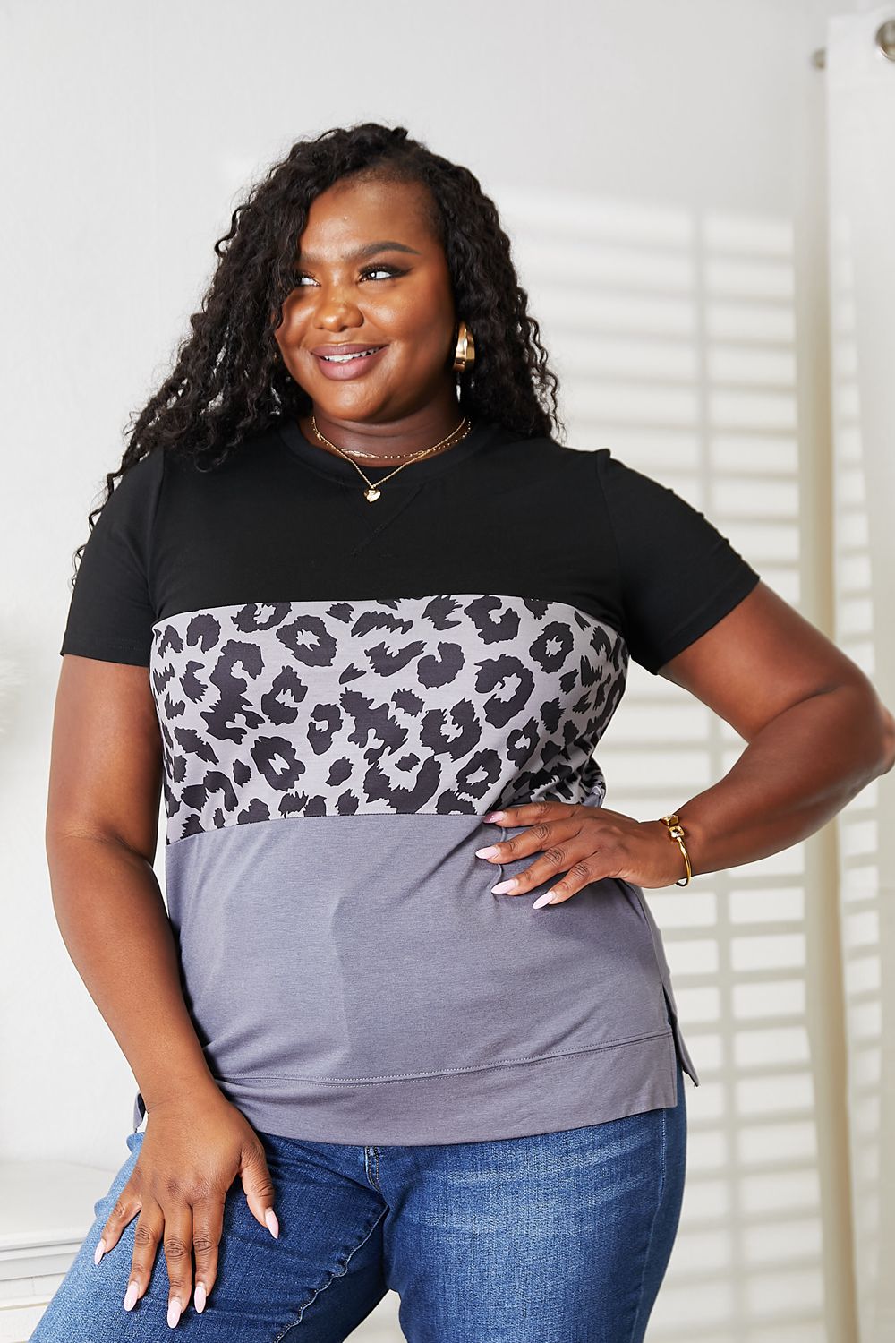 Double Take Leopard Print Color Block Short Sleeve T-Shirt - Plush Fashion Hub