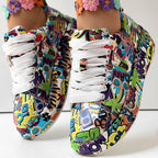 Women’s round-toe lace-up sneakers with thick soles and casual print design from FitiqueFit, ideal for comfortable everyday wear.