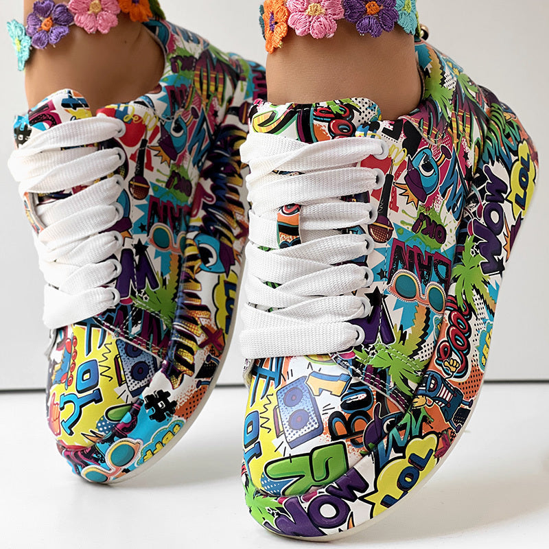 Women’s round-toe lace-up sneakers with thick soles and casual print design from FitiqueFit, ideal for comfortable everyday wear.