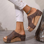 Open toe wedge sandals by Plush Fashion Hub featuring tan straps and a comfortable cork wedge heel.