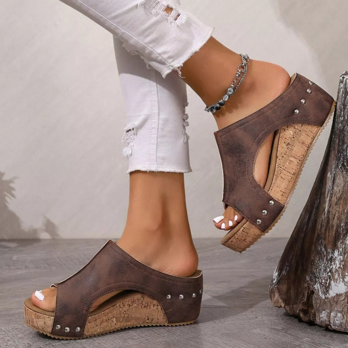 Open toe wedge sandals by Plush Fashion Hub featuring tan straps and a comfortable cork wedge heel.
