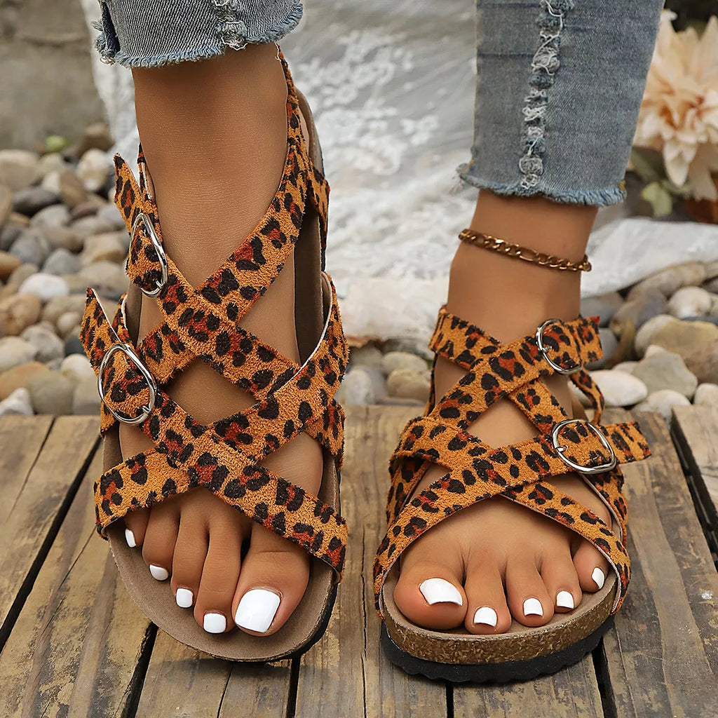 Leopard buckle platform sandals by Plush Fashion Hub featuring animal print straps and chunky heel for a bold, stylish look.
