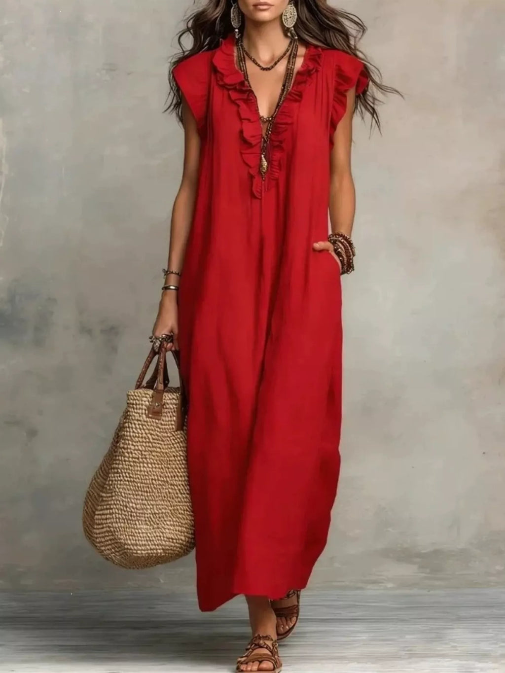 Plus size ruffled v-neck cap sleeve maxi dress by Trendsi, featuring a flowing design and elegant ruffle details.