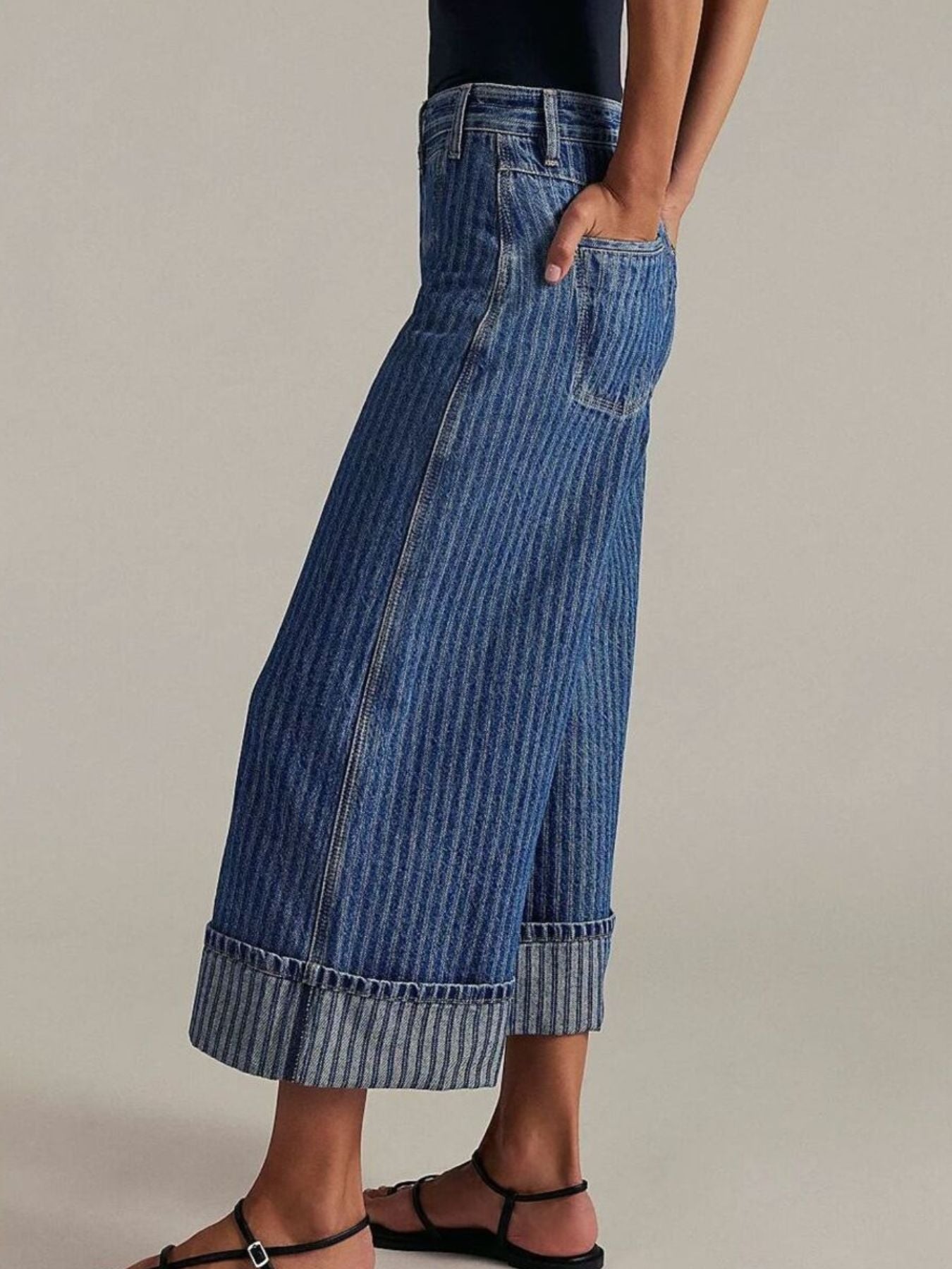 Wide-leg cropped denim jeans by Plush Fashion Shop, showing the relaxed fit and light blue wash on a model.
