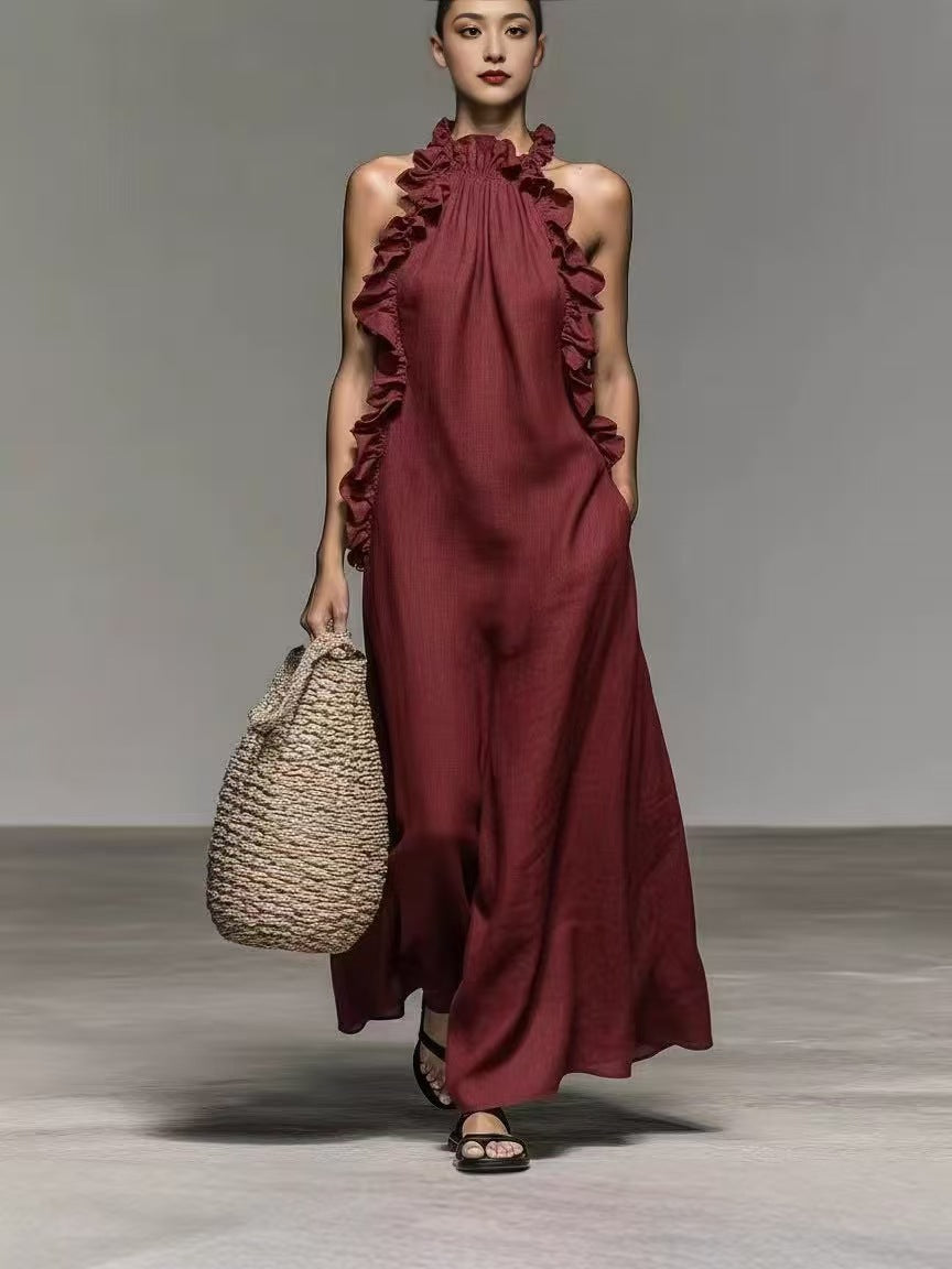 FitiqueFit halter neck ruffled sleeveless casual dress with loose fit, flowy fabric, and side pockets, perfect for warm weather.