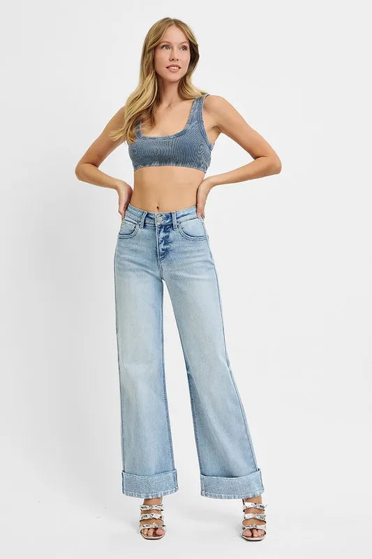 High-rise tummy control wide cuff ankle jeans by Plush Fashion Hub in stretchy denim, shown with a cuffed ankle and fitted waist.