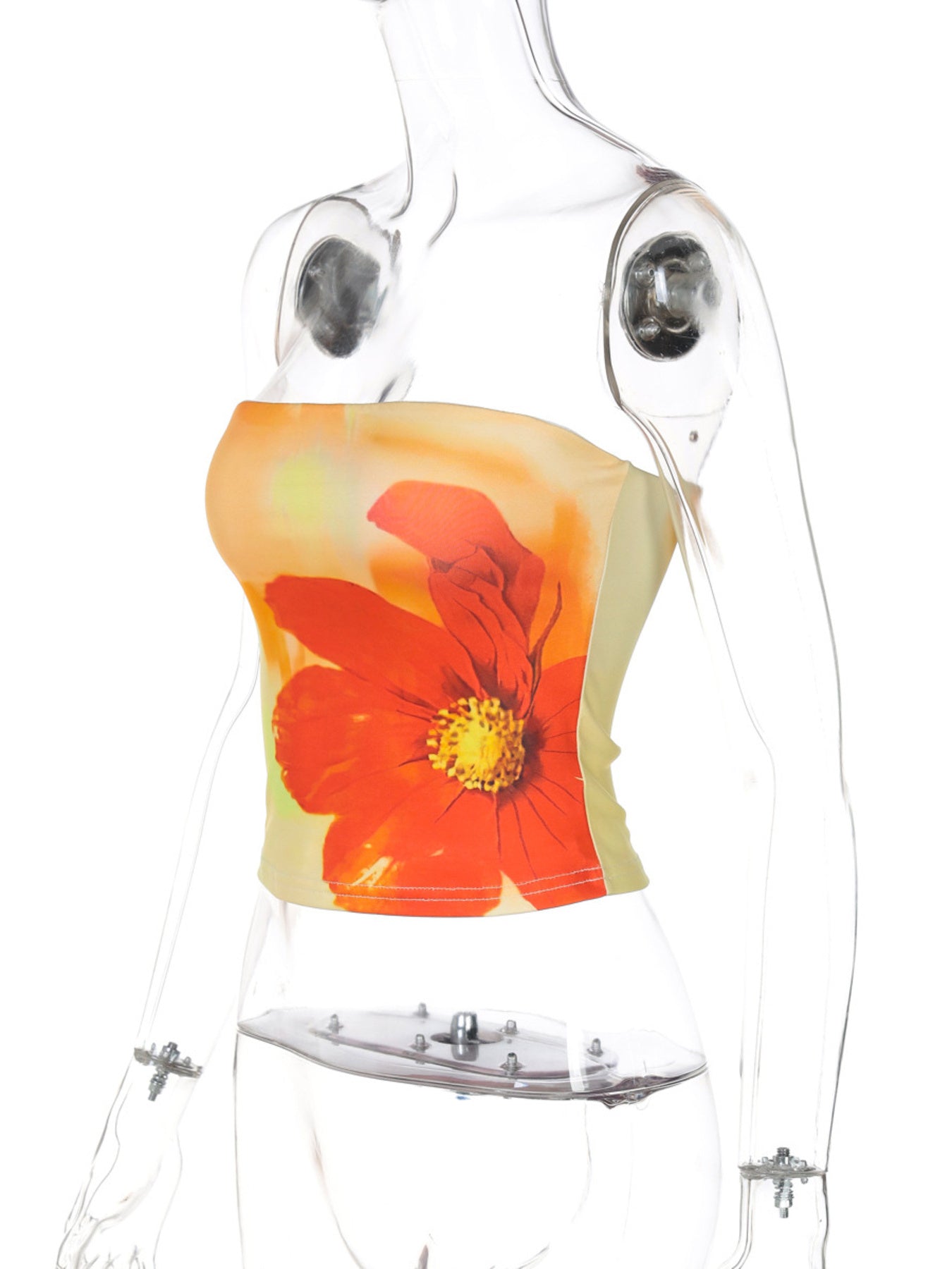 Floral print strapless tube top for women, trendy bandeau crop top, summer fashion by Trendsi, featuring vibrant floral design.