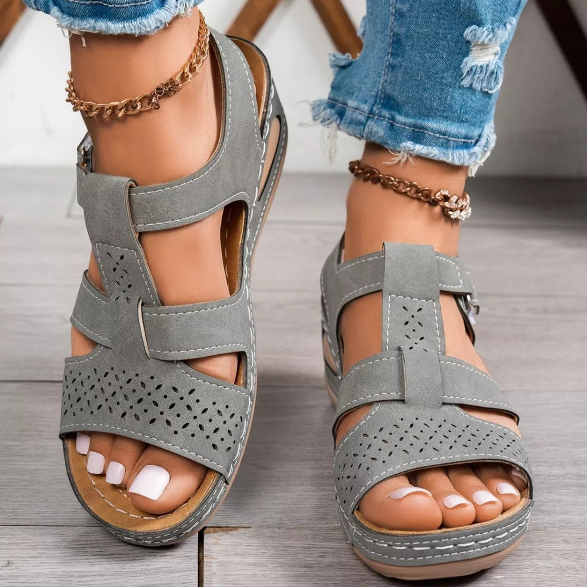 Open toe wedge sandals by Trendsi, stylish footwear with a comfortable wedge heel and open toe design.