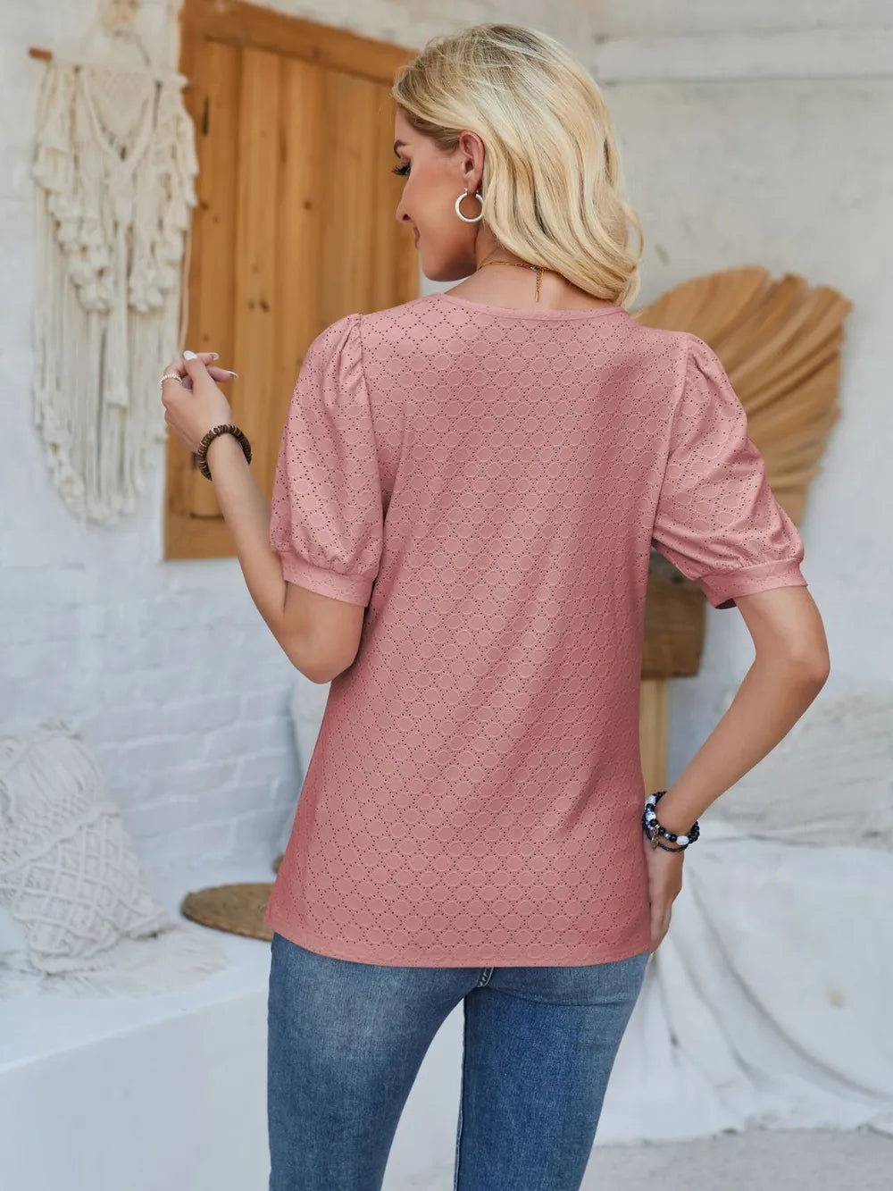 Asymmetrical neck short sleeve T-shirt by Trendsi with eyelet detailing, casual tops suitable for stylish everyday wear