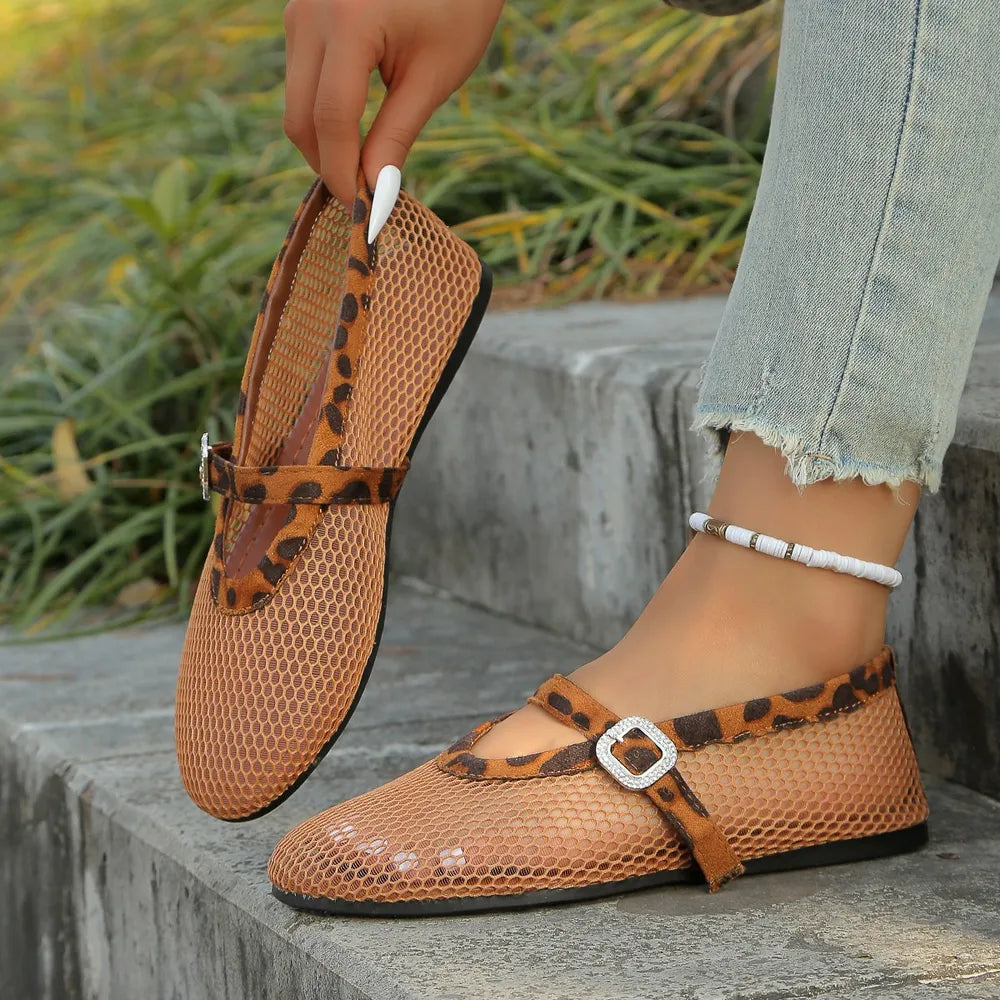 Women's breathable mesh round toe flat sandals by Trendsi, showcasing comfortable everyday footwear with open toes and soft straps.