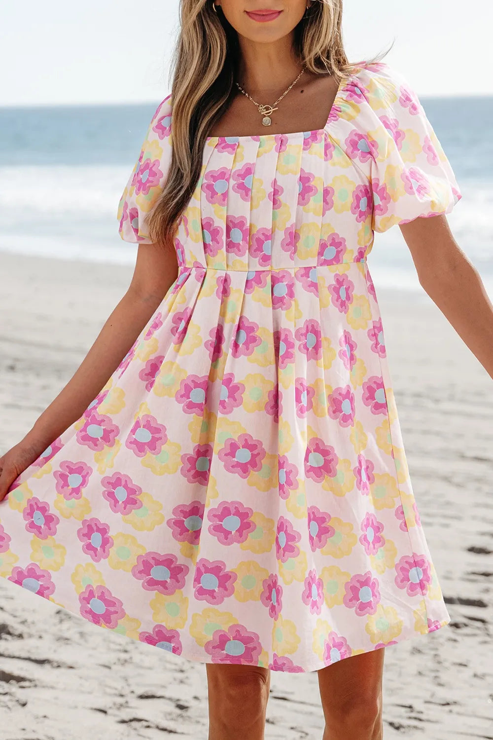 Floral square neck puff sleeve cotton midi dress with pleated flared skirt, trendy and feminine design by Trendsi.