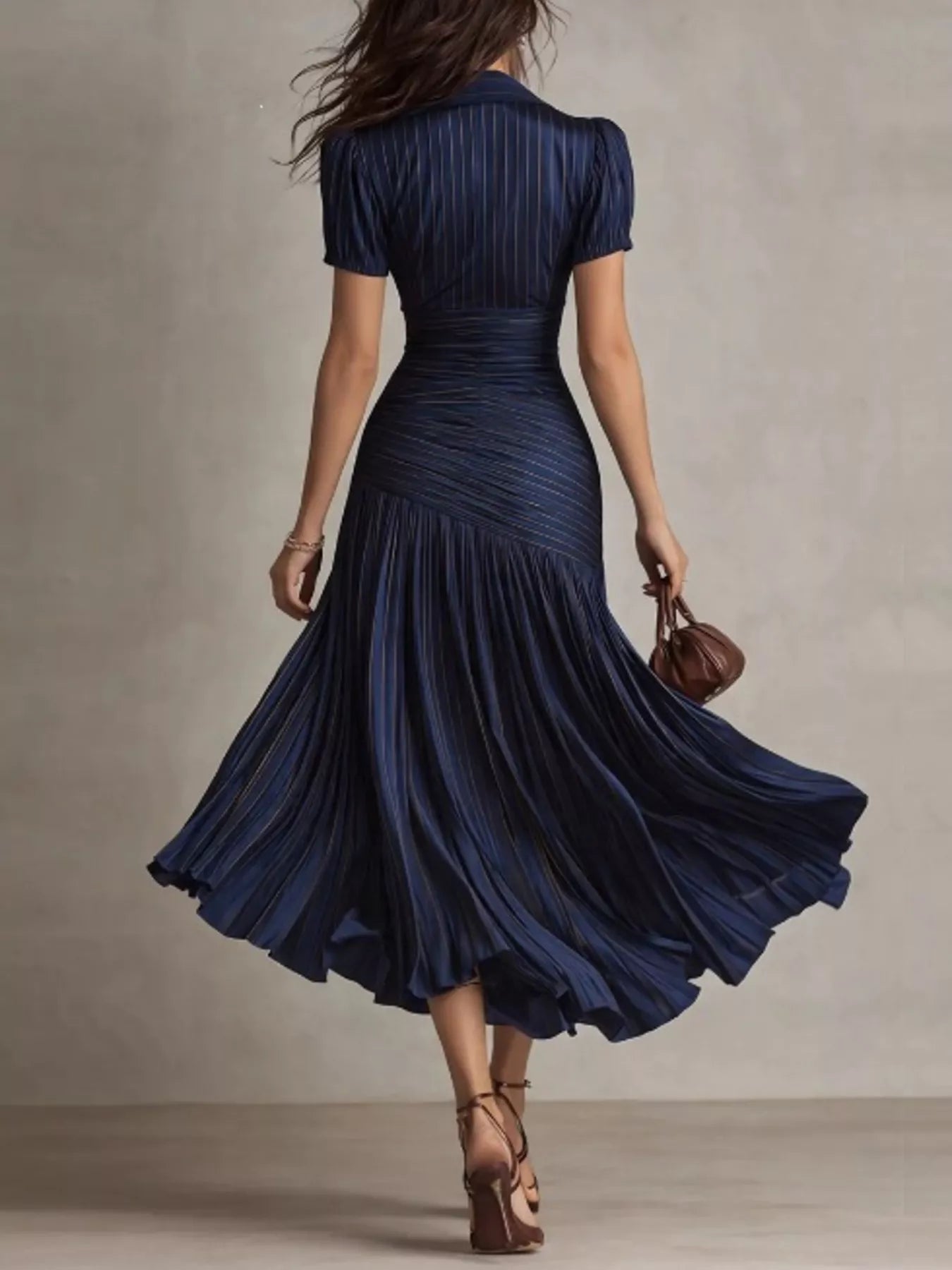 Pleated striped short sleeve midi dress by Trendsi featuring a flowy silhouette and classic pattern, perfect for casual and semi-formal wear.