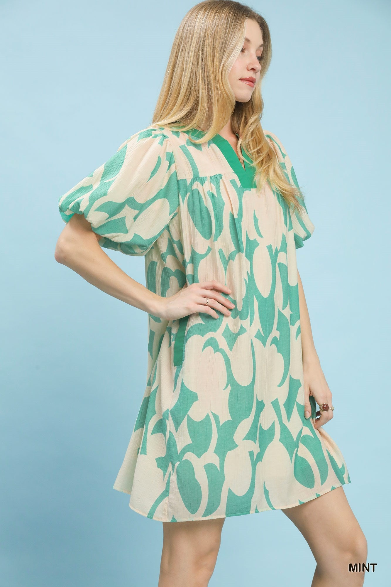 Mint green abstract print puff sleeve mini shift dress by Plush Fashion Hub, showcasing a stylish, fitted sleeveless design with a playful pattern.