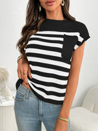 Women's striped knit cap sleeve sweater with pocket detail, featuring a casual, cozy design by Trendsi.