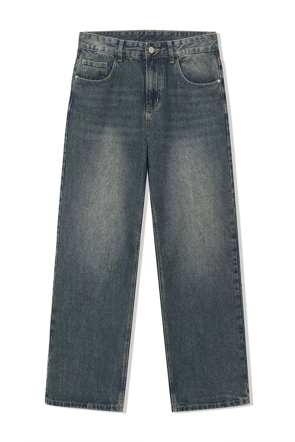 Light blue plush fashion denim baggy jeans with large front and back pockets, relaxed fit, and casual style.
