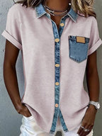 Denim trim short sleeve shirt from Trendsi, casual top with denim accents, shown laid flat on a white background.