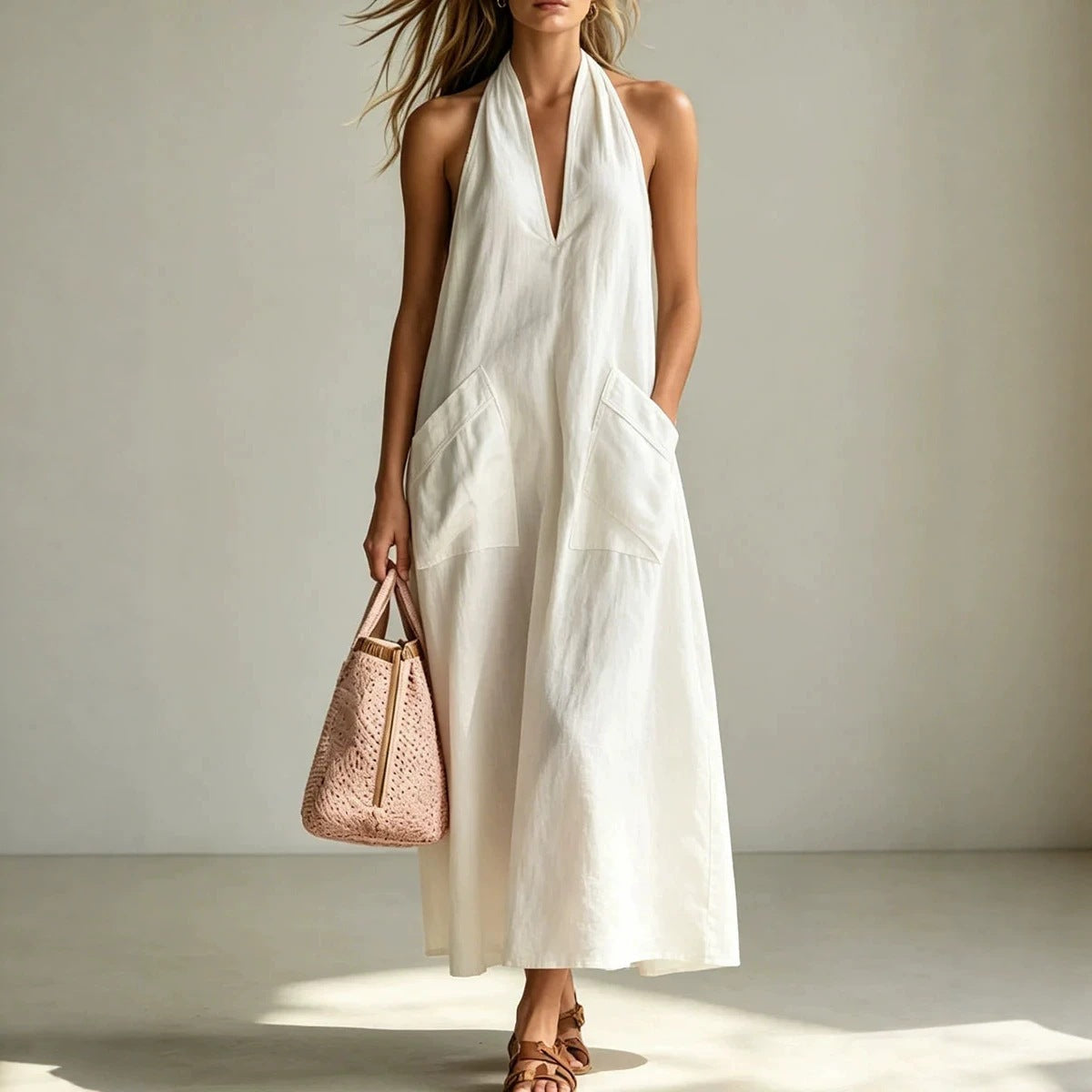 Cotton halterneck sleeveless deep V-neck casual dress by FitiqueFit, loose fit with straight-line design, ideal for warm weather.