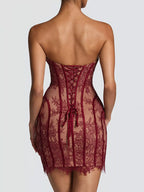 Lace detail tube mini dress by Trendsi featuring fitted design, sleeveless style, and intricate lace accents.