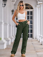 High-waisted cargo denim jeans from Plush Fashion Shop displayed on a model, featuring multiple pockets and a stylish fit.