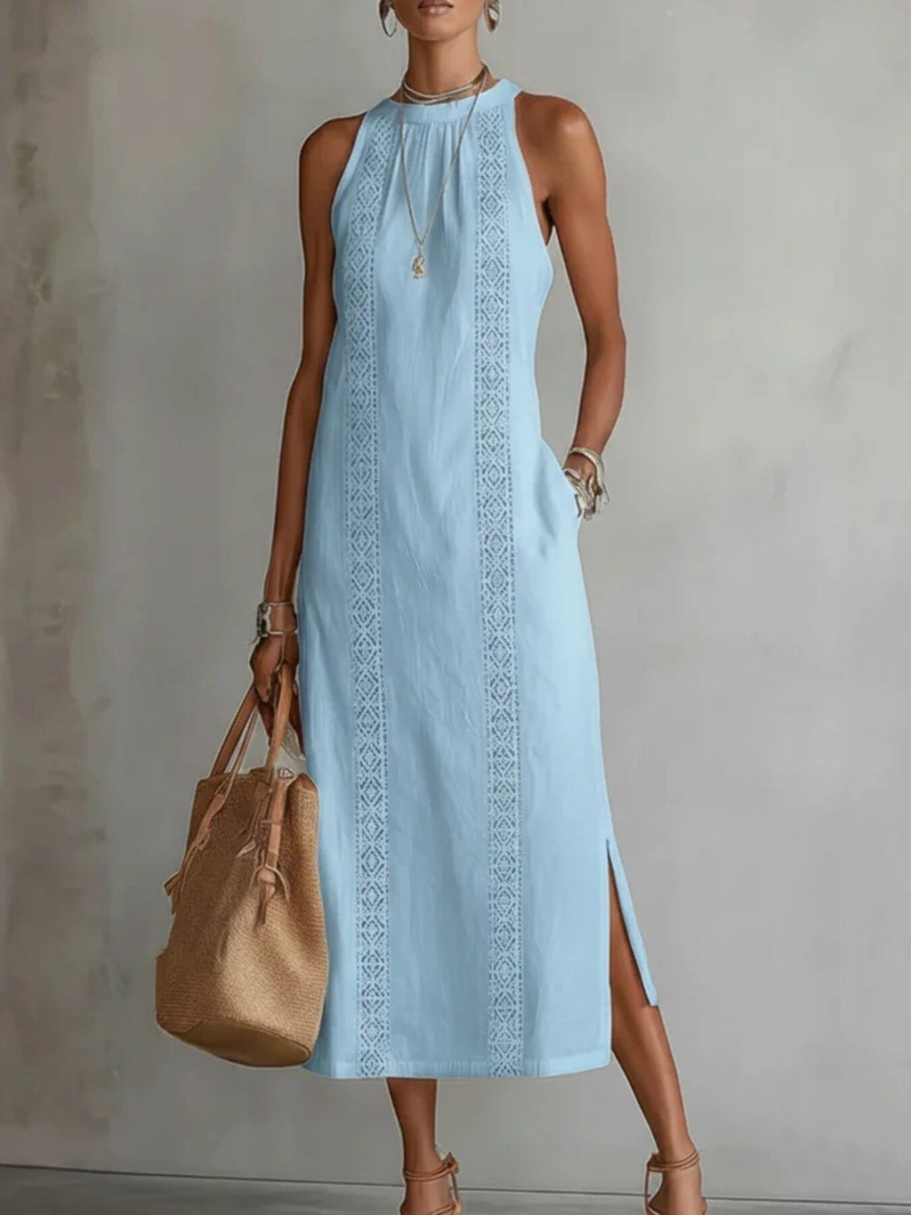 Sleeveless hollow-out midi dress with side slit and pockets by Trendsi, shown in a stylish, fitted design with cutout details.