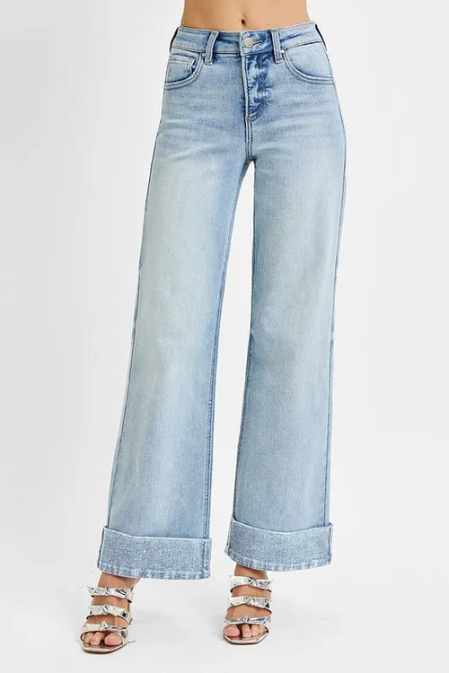 High-rise tummy control wide cuffed ankle jeans by Plush Fashion Hub in stretchy denim with a fitted waist and cuffed ankles.