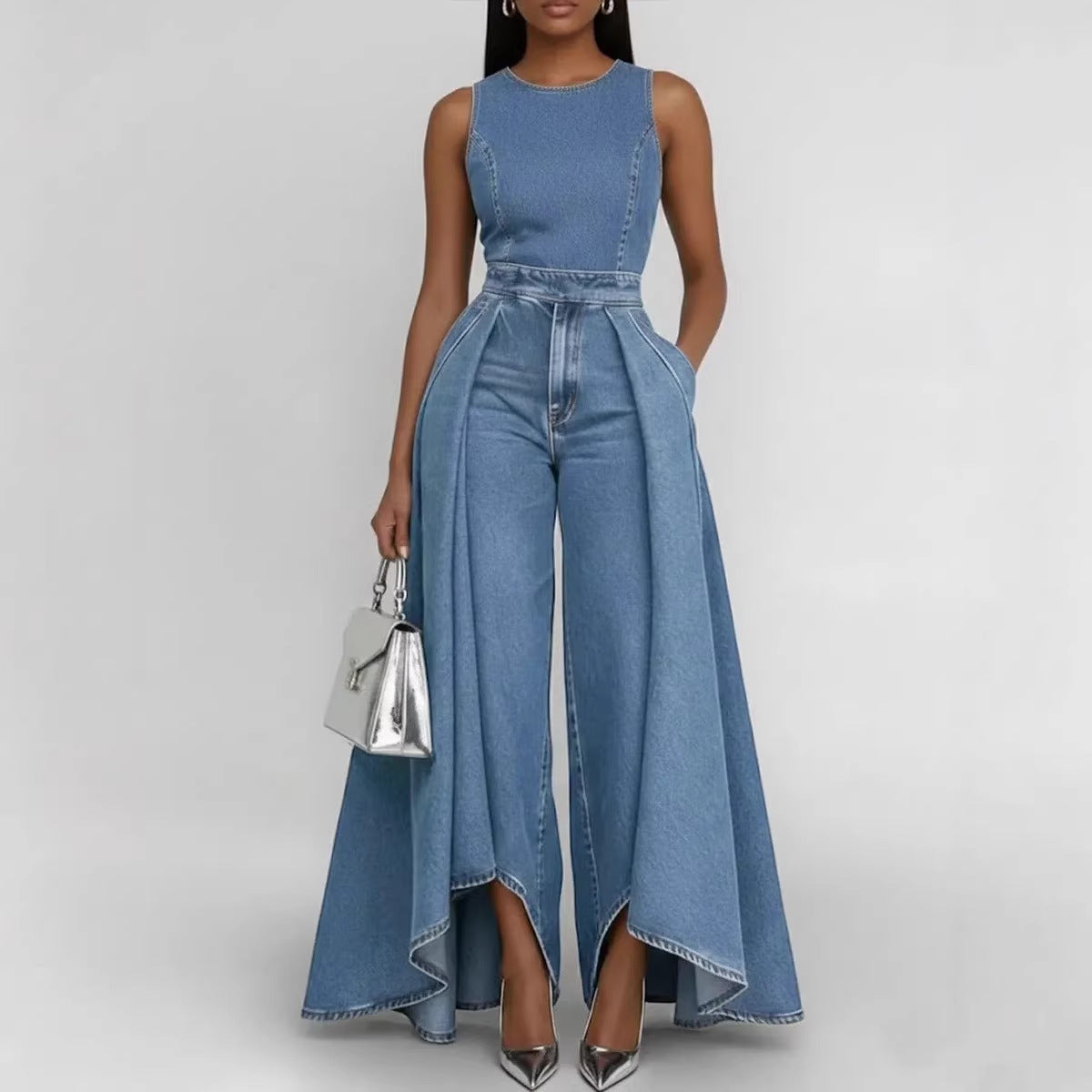 Women’s sleeveless wide-leg denim jumpsuit by FitiqueFit featuring a crew neck and casual, relaxed fit.