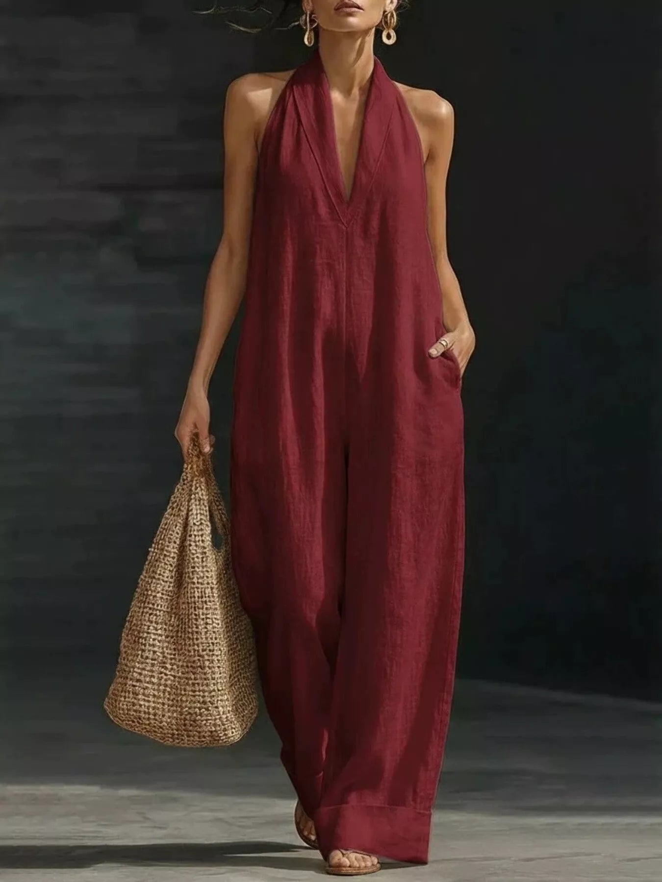Halter neck wide-leg jumpsuit by Trendsi featuring a stylish design with a fitted bodice and flowing wide-leg pants.