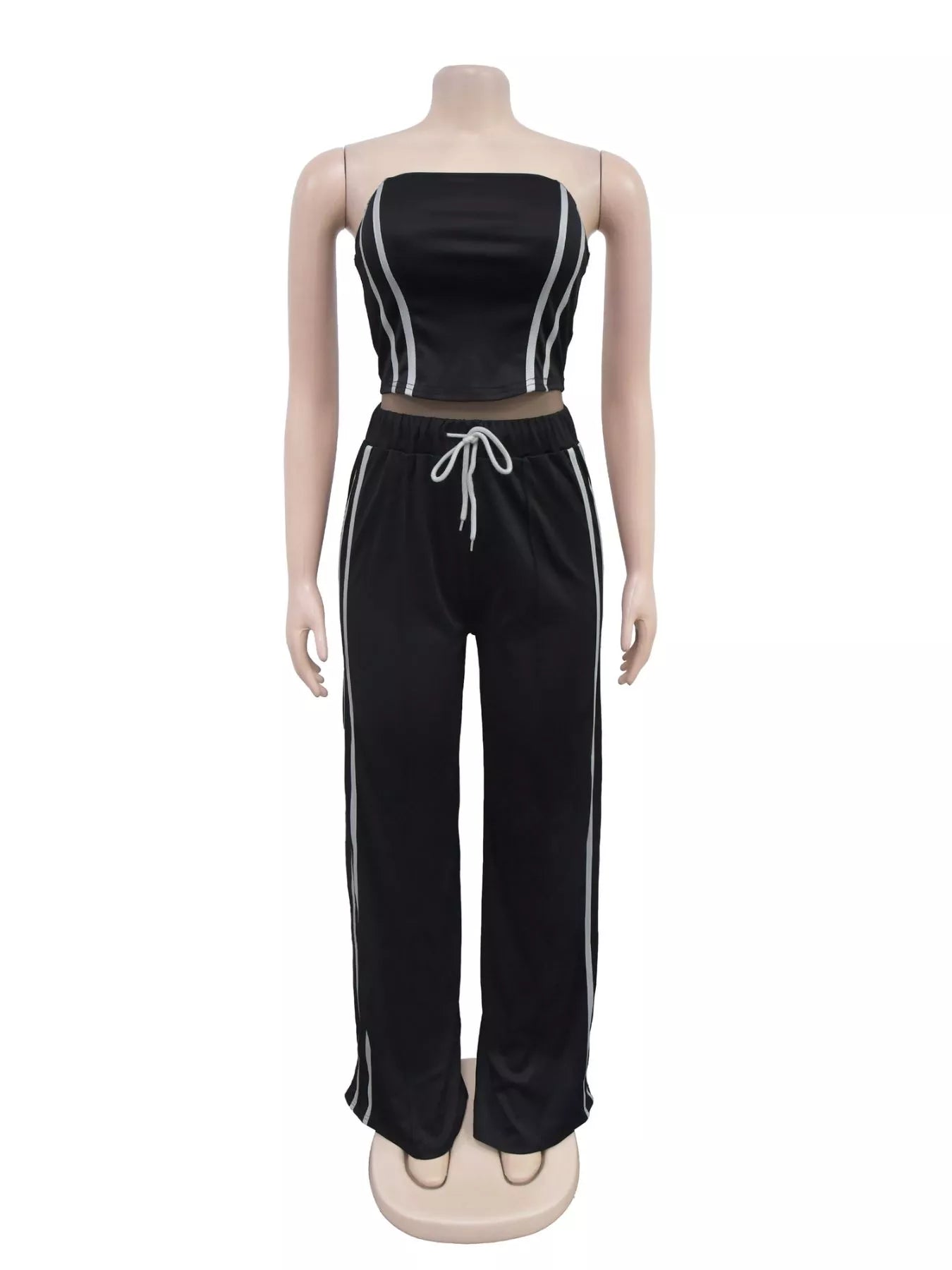 Trendsi sleeveless tube top and wide leg pants set, black fabric, casual fashion, front view showing fit and style.