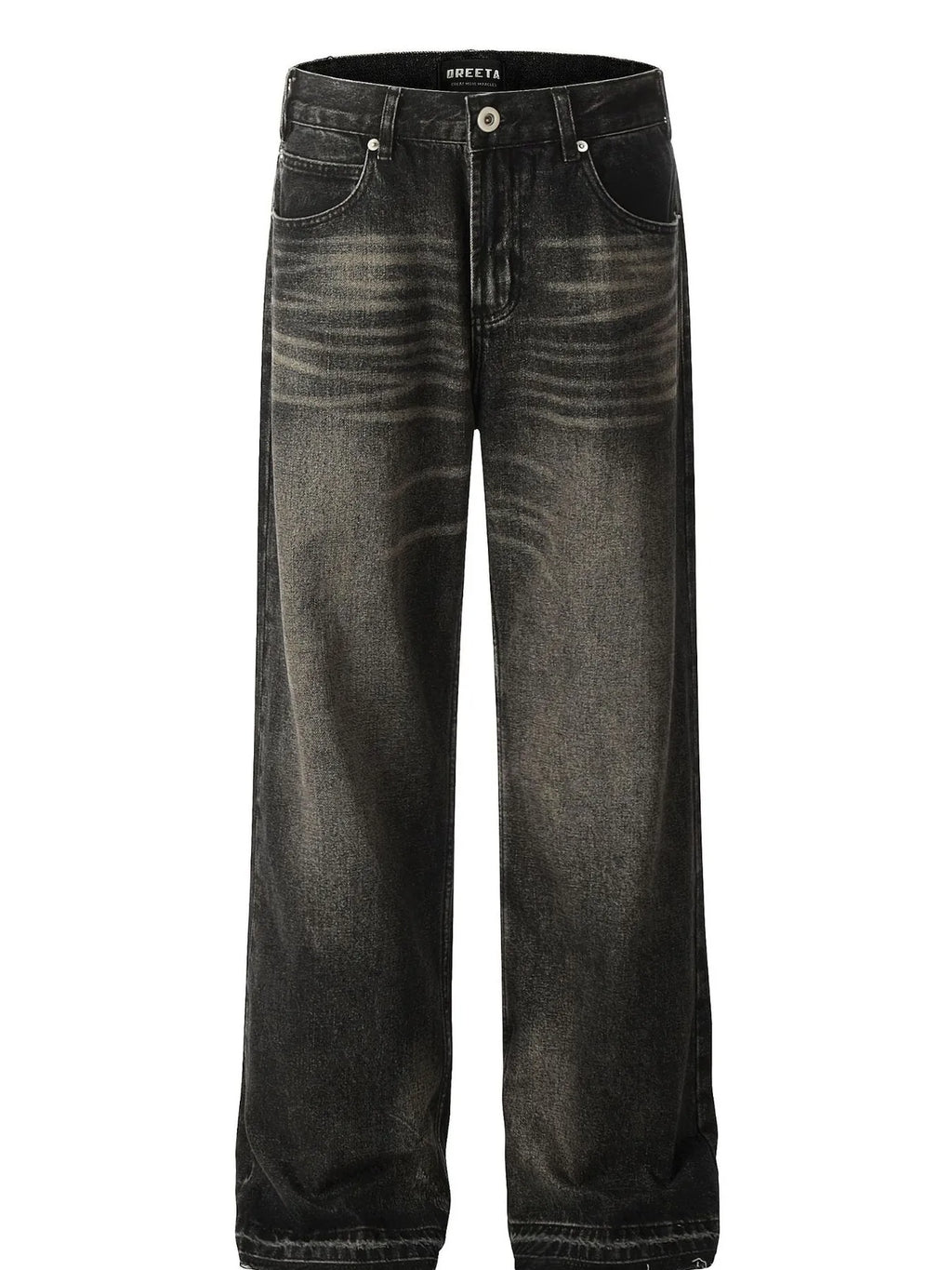 Men's vintage washed frayed hem jeans, trendy denim bottoms by Trendsi, displayed with distressed details and relaxed fit.
