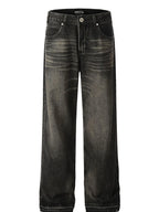 Men's vintage washed frayed hem jeans, trendy denim bottoms by Trendsi, displayed with distressed details and relaxed fit.
