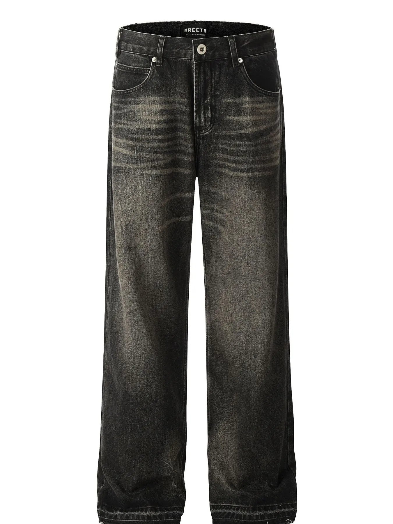 Men's vintage washed frayed hem jeans, trendy denim bottoms by Trendsi, displayed with distressed details and relaxed fit.