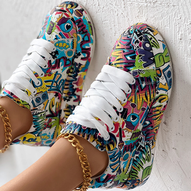 Women’s FitiqueFit round-toe thick-sole lace-up sneakers with casual printed design, showcasing their stylish footwear style.