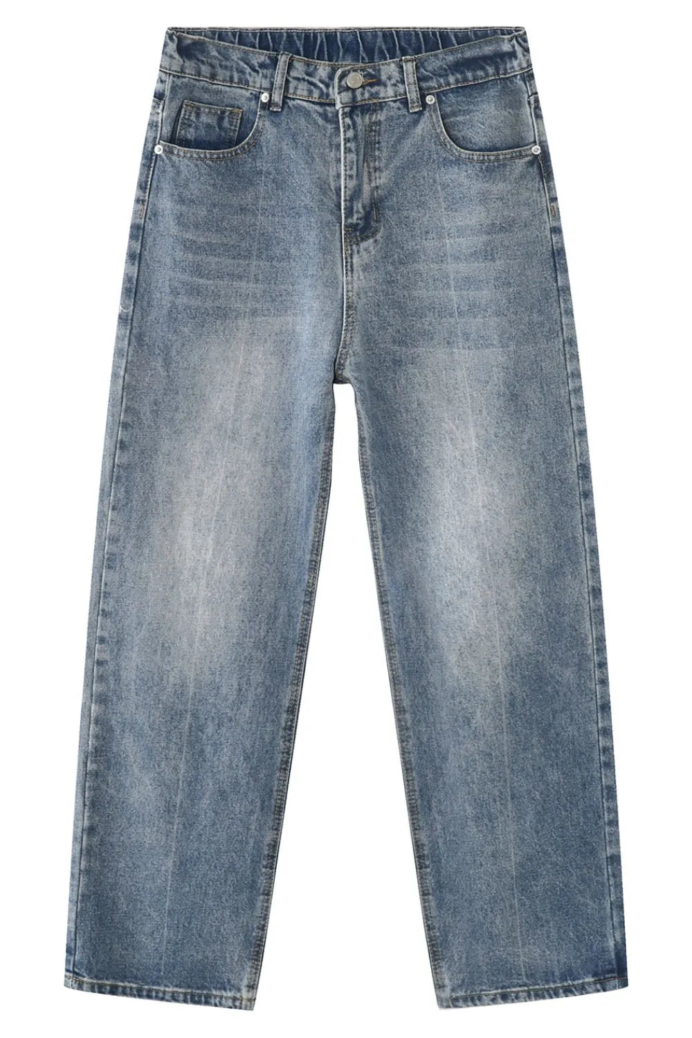 Plush Fashion Shop baggy denim jeans with multiple pockets, relaxed fit, and classic blue wash, casual streetwear style.