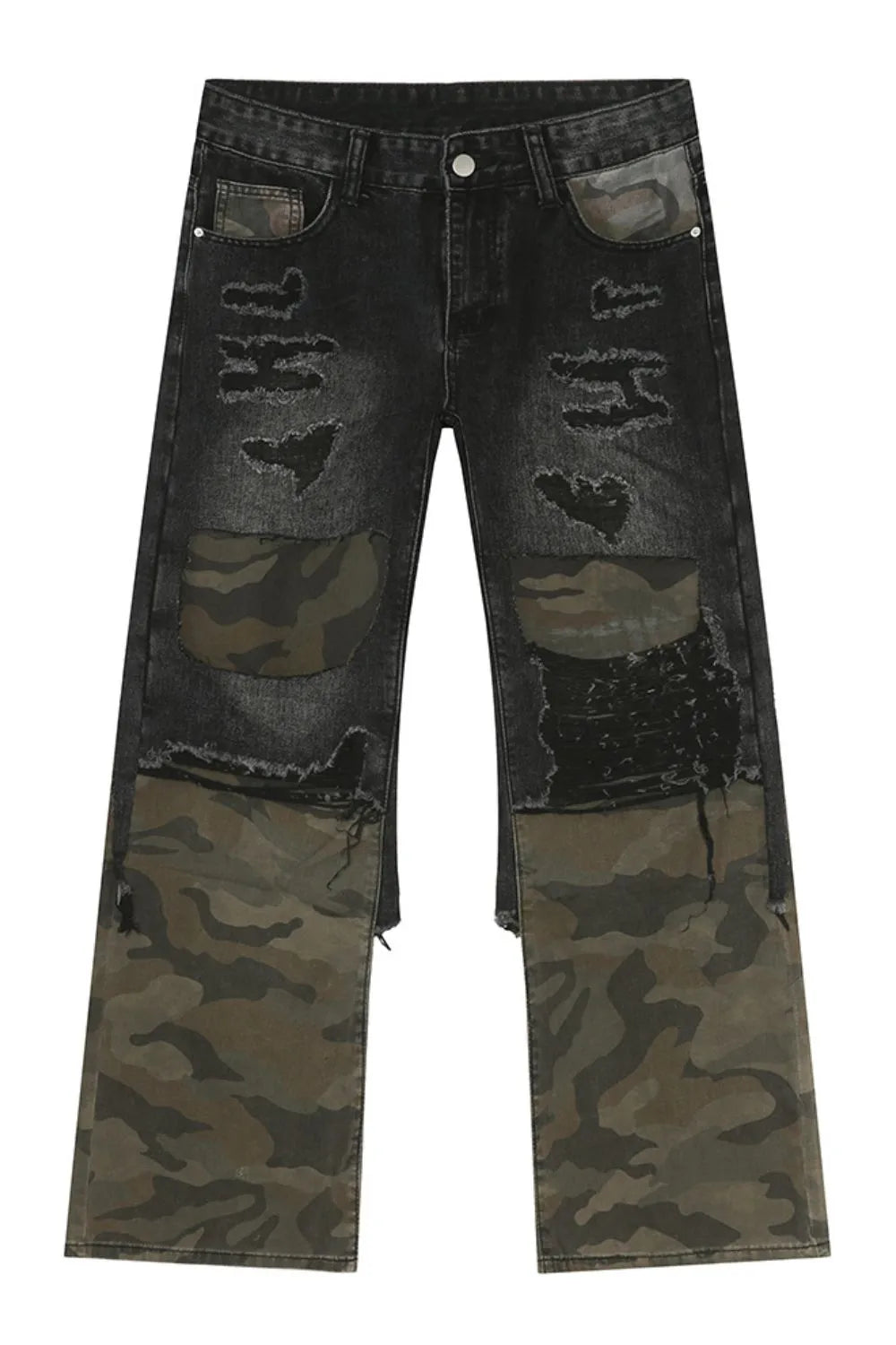 Distressed camouflage patchwork jeans from Trendsi featuring ripped details and a rugged, stylish design.