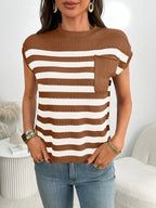 Women's striped knit cap sleeve sweater with pocket detail by Trendsi, showing a close-up of the colorful striped pattern and pocket accents.