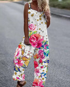 Women’s butterfly print sleeveless overalls from FitiqueFit, featuring loose fit suspender pants with a relaxed, casual style.